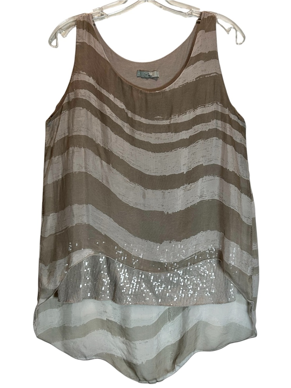 Baci Taupe Italian Silk Blend Tiered Sleeveless Top w/ Sequined - Large